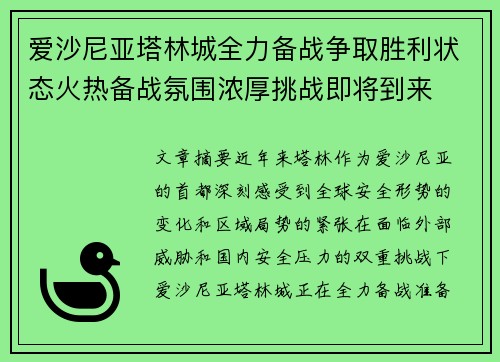 爱沙尼亚塔林城全力备战争取胜利状态火热备战氛围浓厚挑战即将到来