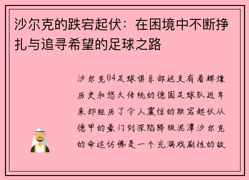 沙尔克的跌宕起伏：在困境中不断挣扎与追寻希望的足球之路