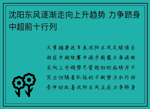 沈阳东风逐渐走向上升趋势 力争跻身中超前十行列