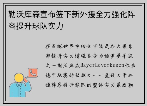 勒沃库森宣布签下新外援全力强化阵容提升球队实力