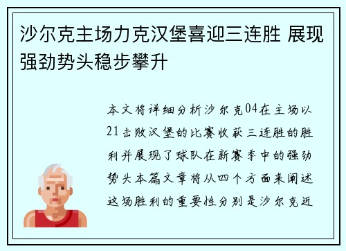 沙尔克主场力克汉堡喜迎三连胜 展现强劲势头稳步攀升