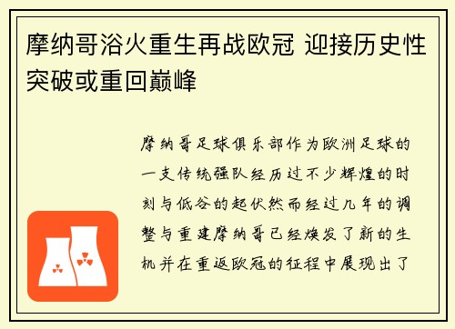 摩纳哥浴火重生再战欧冠 迎接历史性突破或重回巅峰