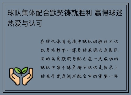 球队集体配合默契铸就胜利 赢得球迷热爱与认可