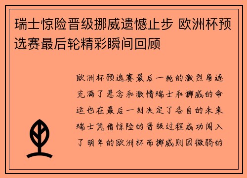 瑞士惊险晋级挪威遗憾止步 欧洲杯预选赛最后轮精彩瞬间回顾
