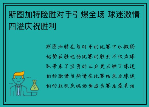 斯图加特险胜对手引爆全场 球迷激情四溢庆祝胜利