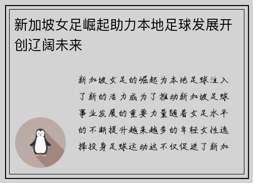 新加坡女足崛起助力本地足球发展开创辽阔未来