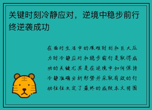 关键时刻冷静应对，逆境中稳步前行终逆袭成功