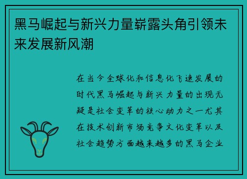 黑马崛起与新兴力量崭露头角引领未来发展新风潮