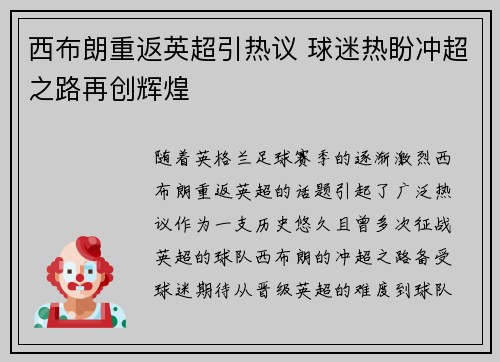 西布朗重返英超引热议 球迷热盼冲超之路再创辉煌